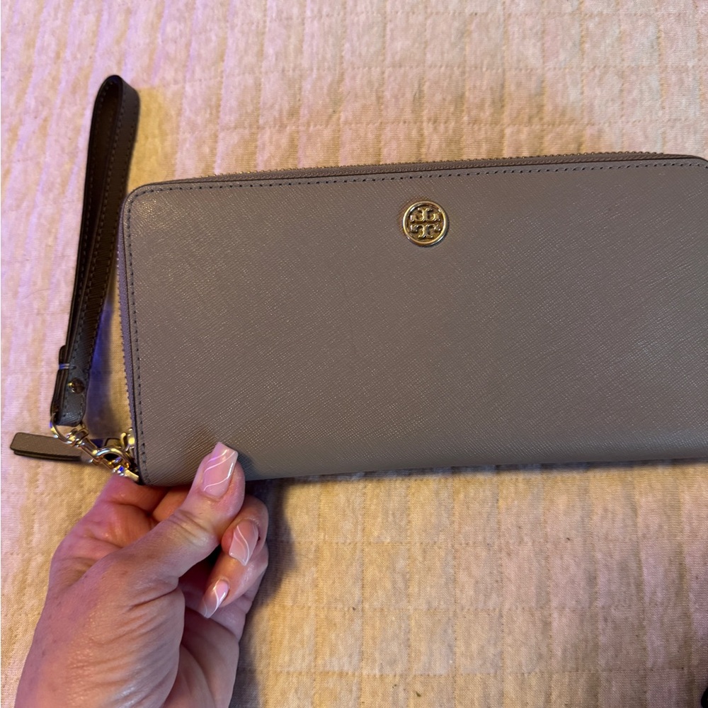 Tory Burch Taupe Wristlet with Gold Accent